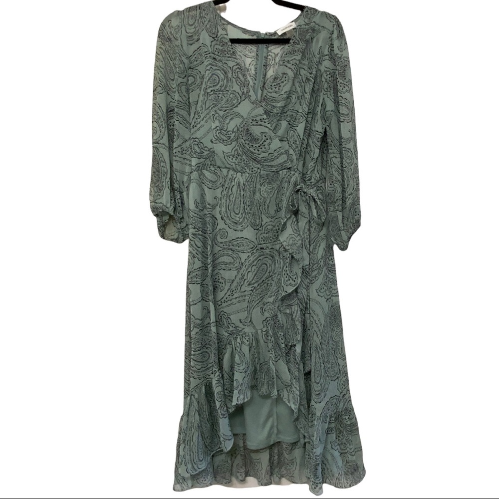 Calvin Klein Ruffle Wrap Midi Dress Mint Paisley 12